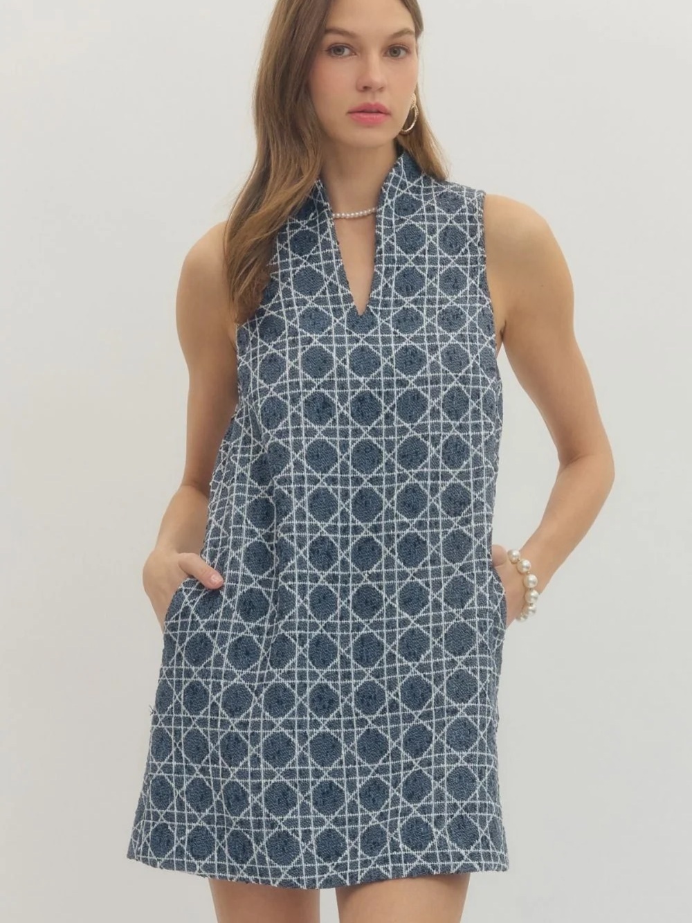 Sleeveless Navy and White Geometric Swim Cover Dress